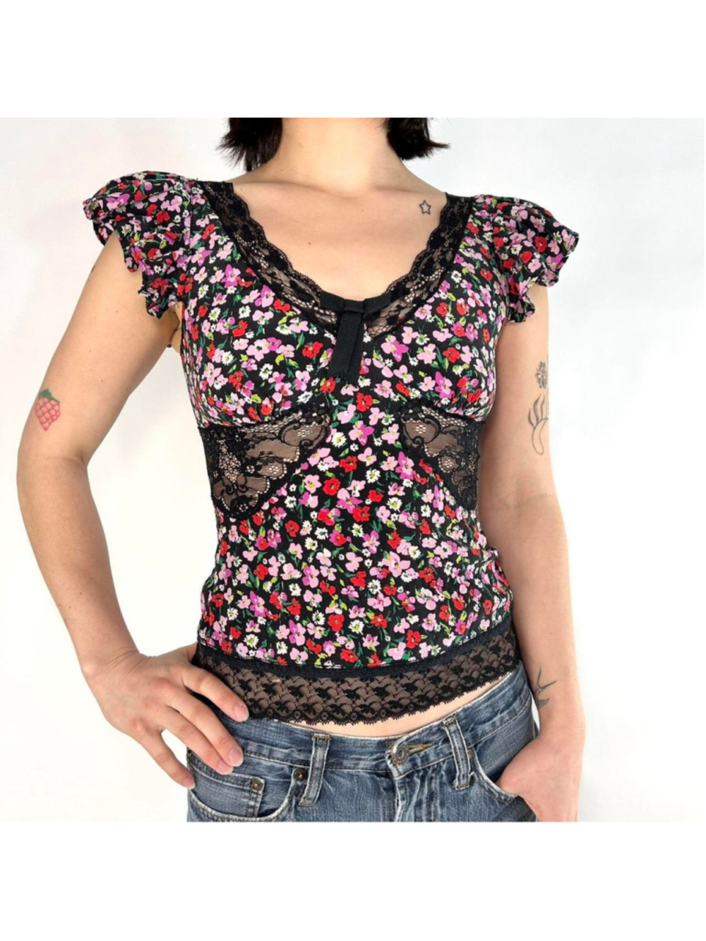 vintage D&G black floral short sleeve blouse, lace cut-outs